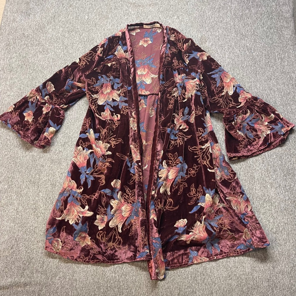 LTBS Burgundy Floral Velvet Burnout Kimono Duster Bell Sleeve Boho L
